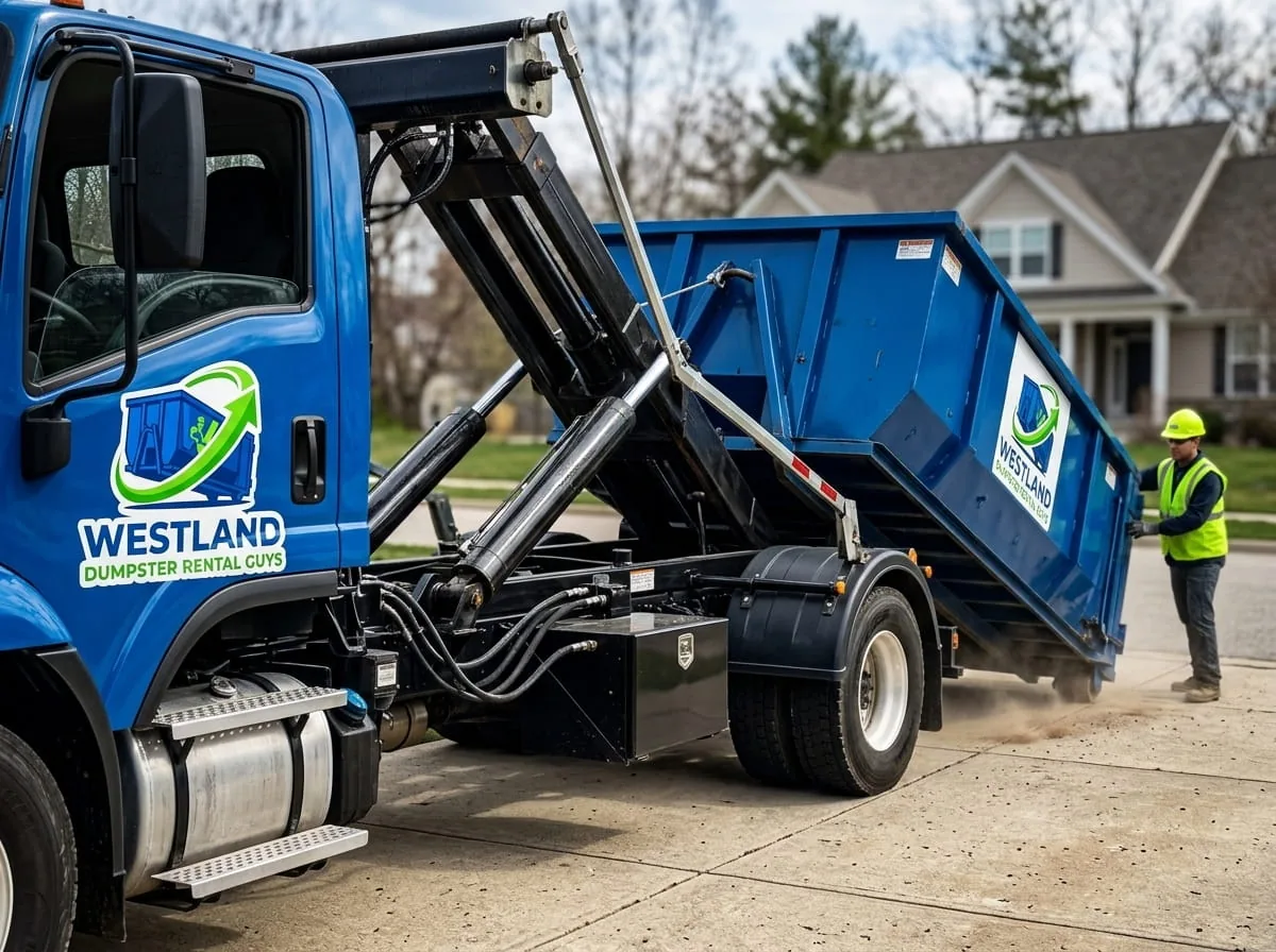 Westland Dumpster Rental Guys crew beside a branded roll-off truck