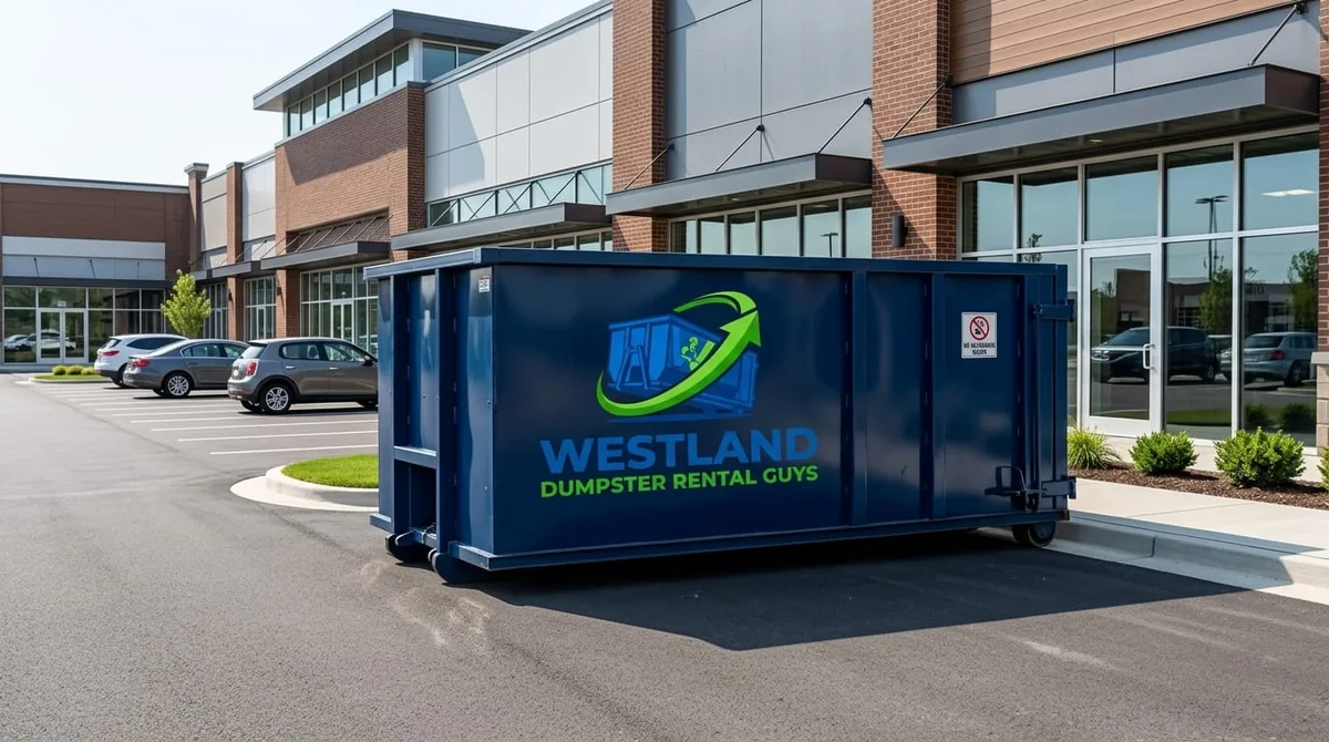 Commercial roll-off dumpster behind an Westland business