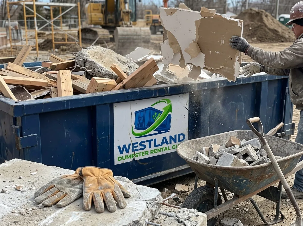 Roll-off dumpster with boards protecting an Westland driveway