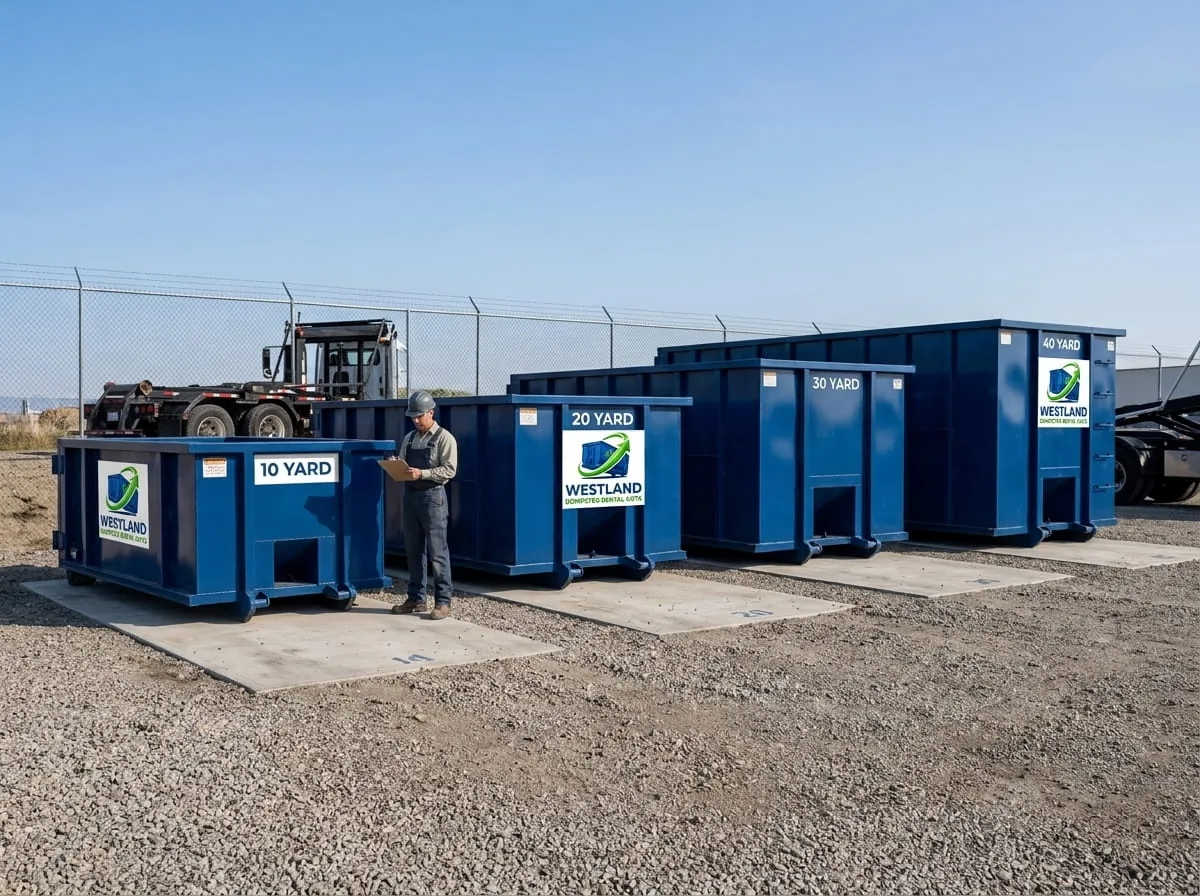 Residential roll-off dumpster in an Westland driveway
