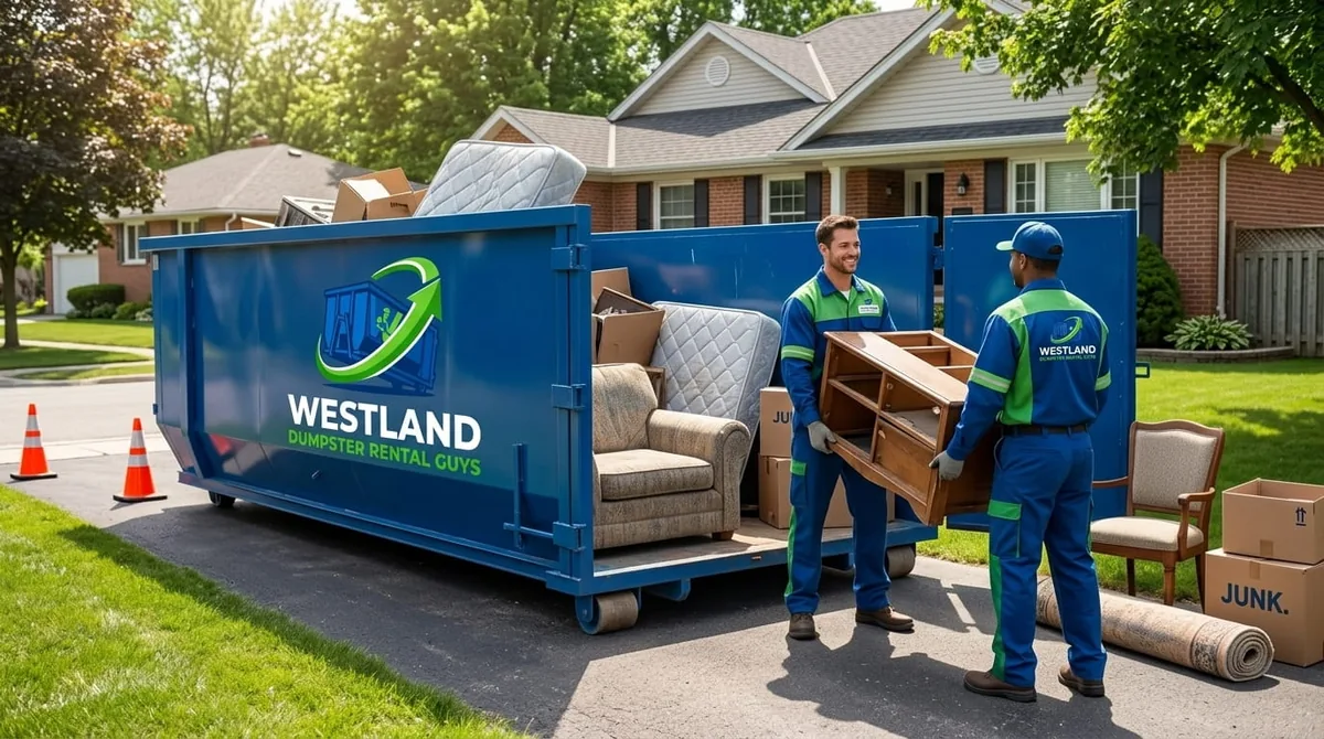 Westland Dumpster Rental Guys roll-off truck delivering a dumpster